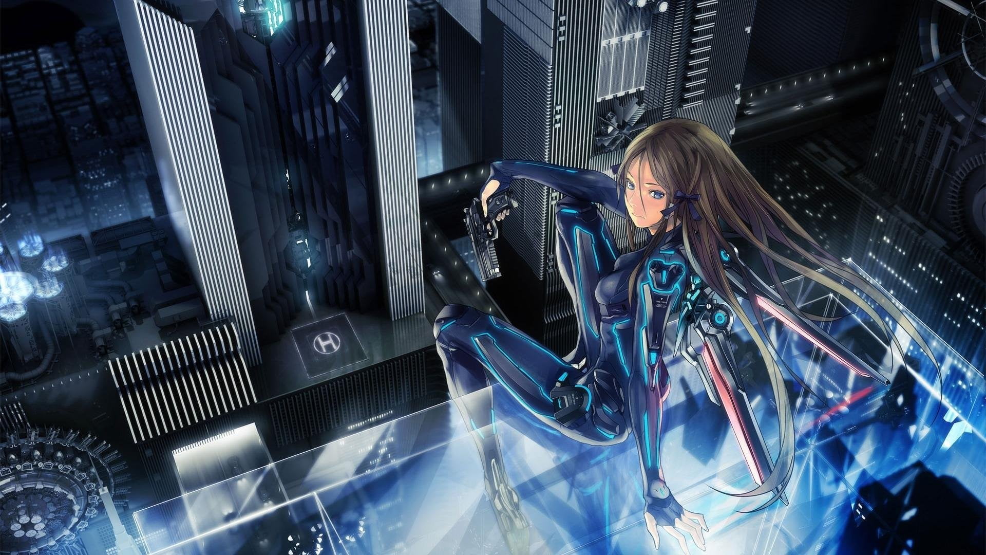 brown haired female anime illustration cyberpunk gun girls 2k