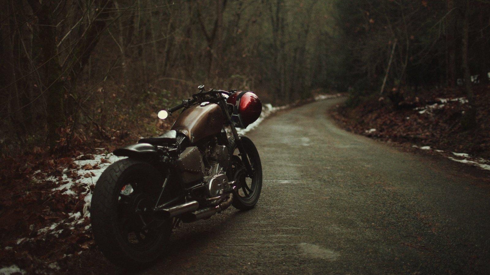 Bobber Motorcycle Nature Snow Trees Leaves Road Helmet Wheels black and brown cruiser motorcycle 2k