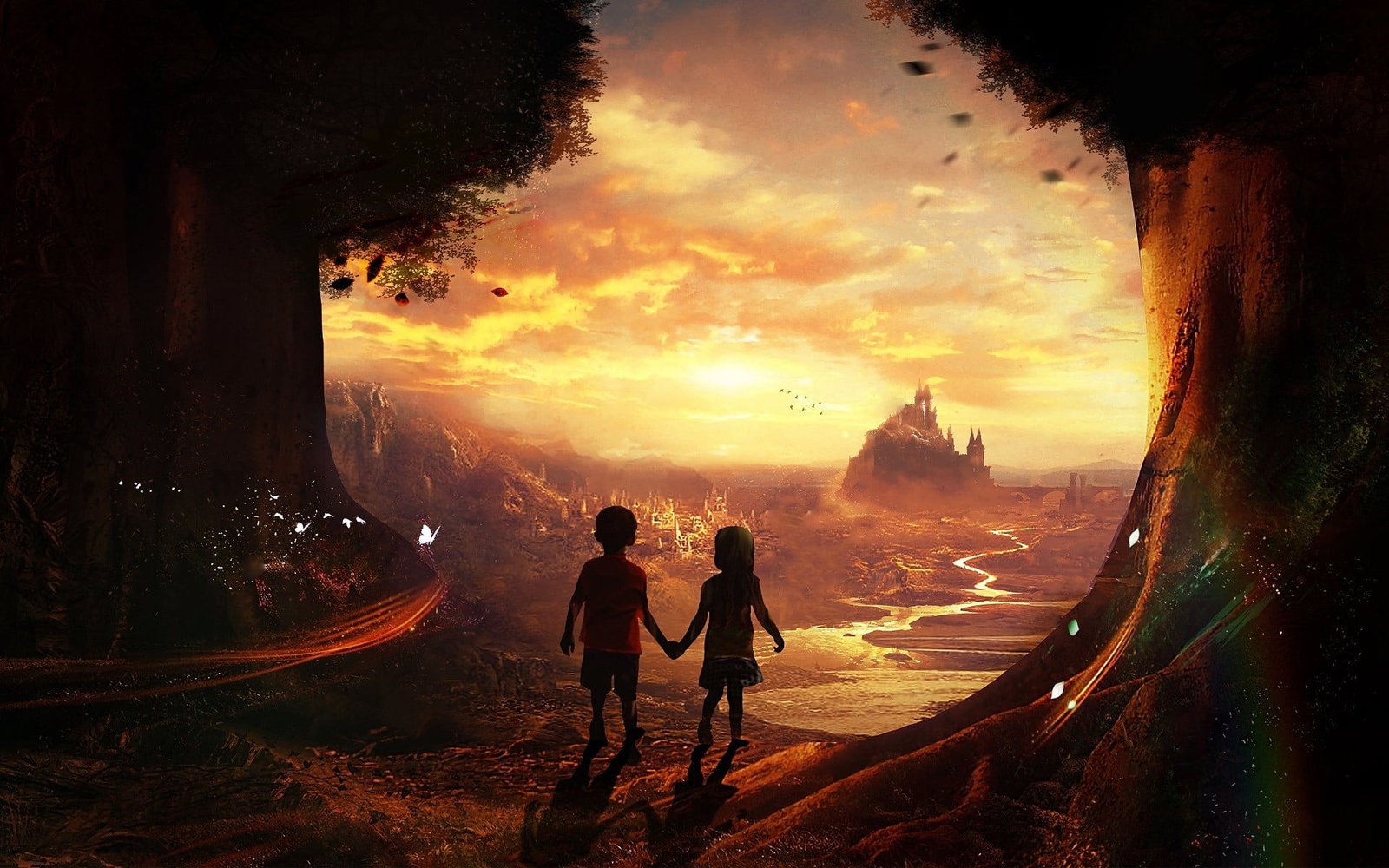 boy and girl holding hands digital wallpaper fantasy art children 2k
