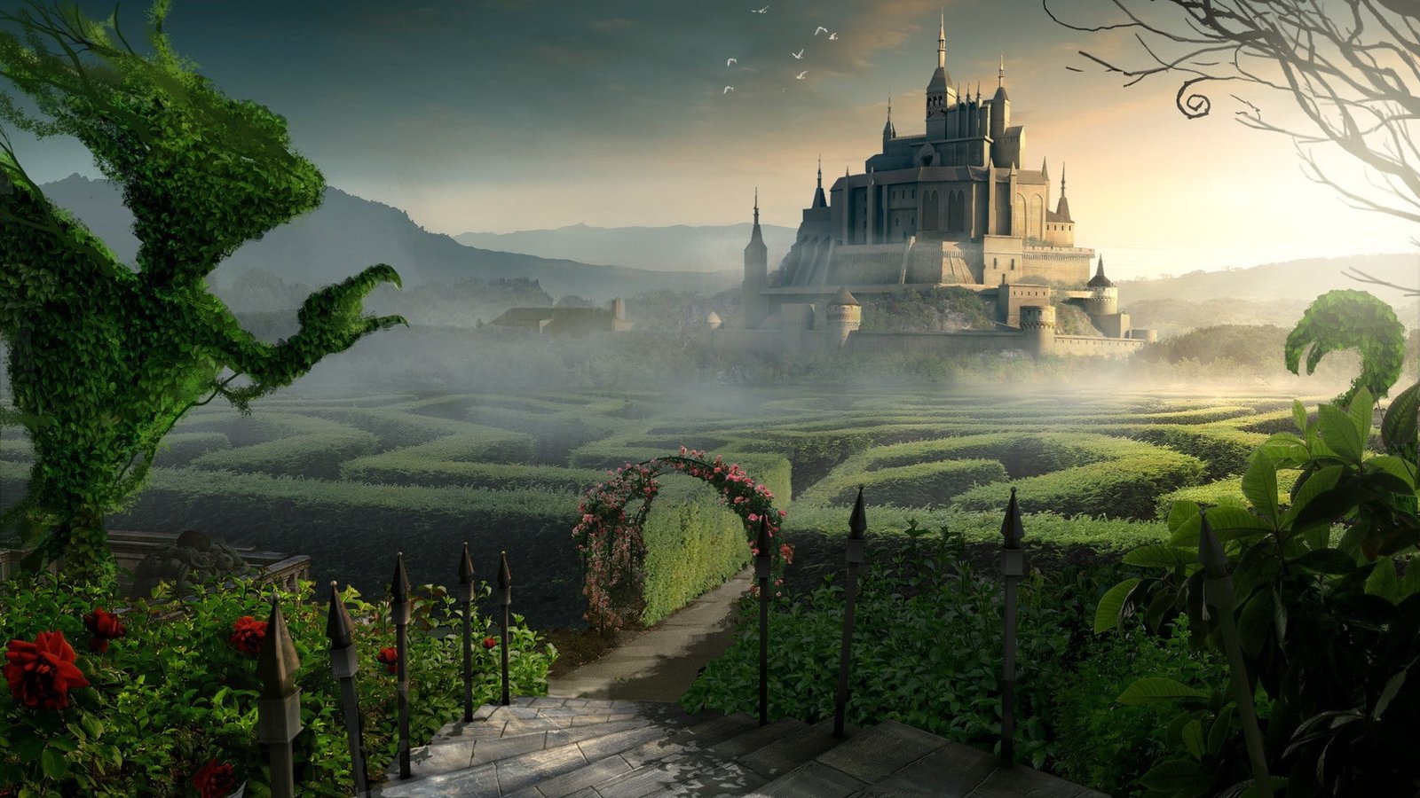 castle illustration nature landscape architecture tower trees 2k