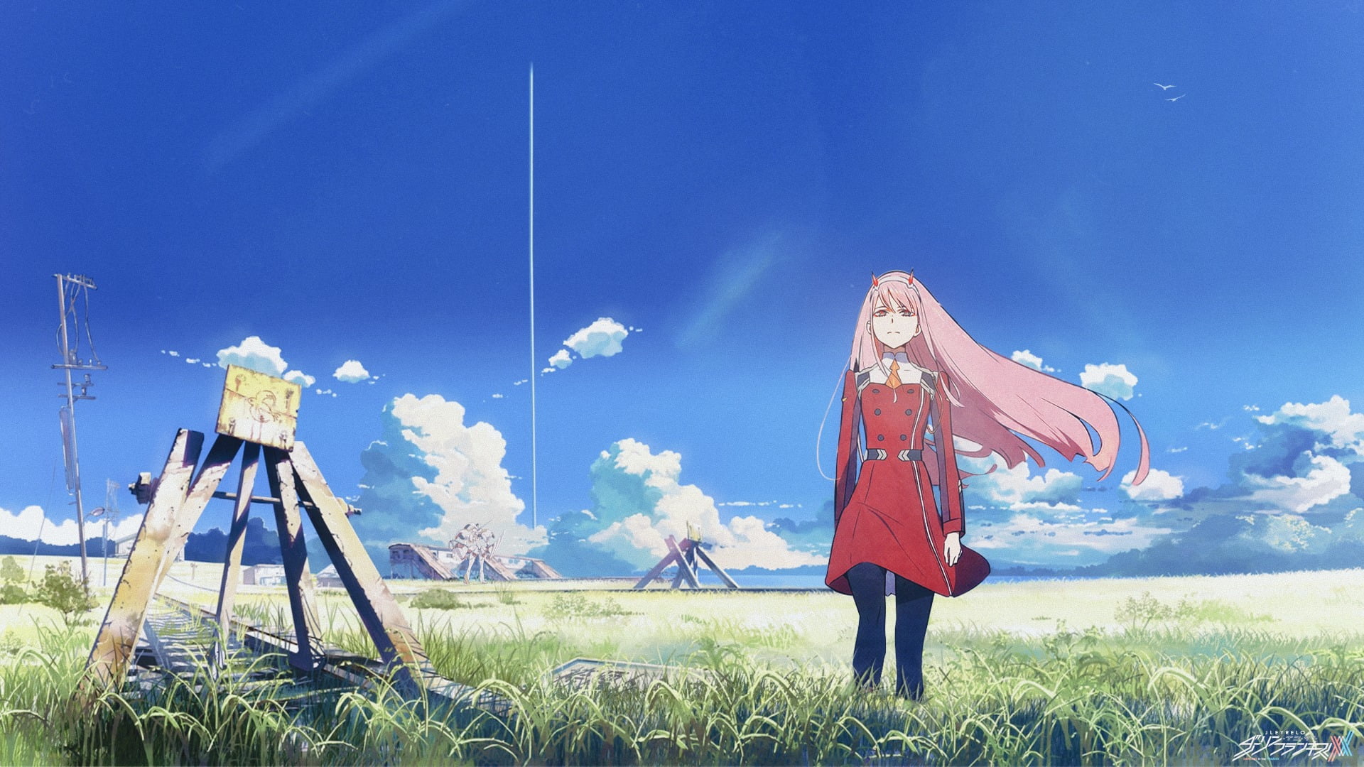female anime character walking at the field illustration Darling in FranXX 2k