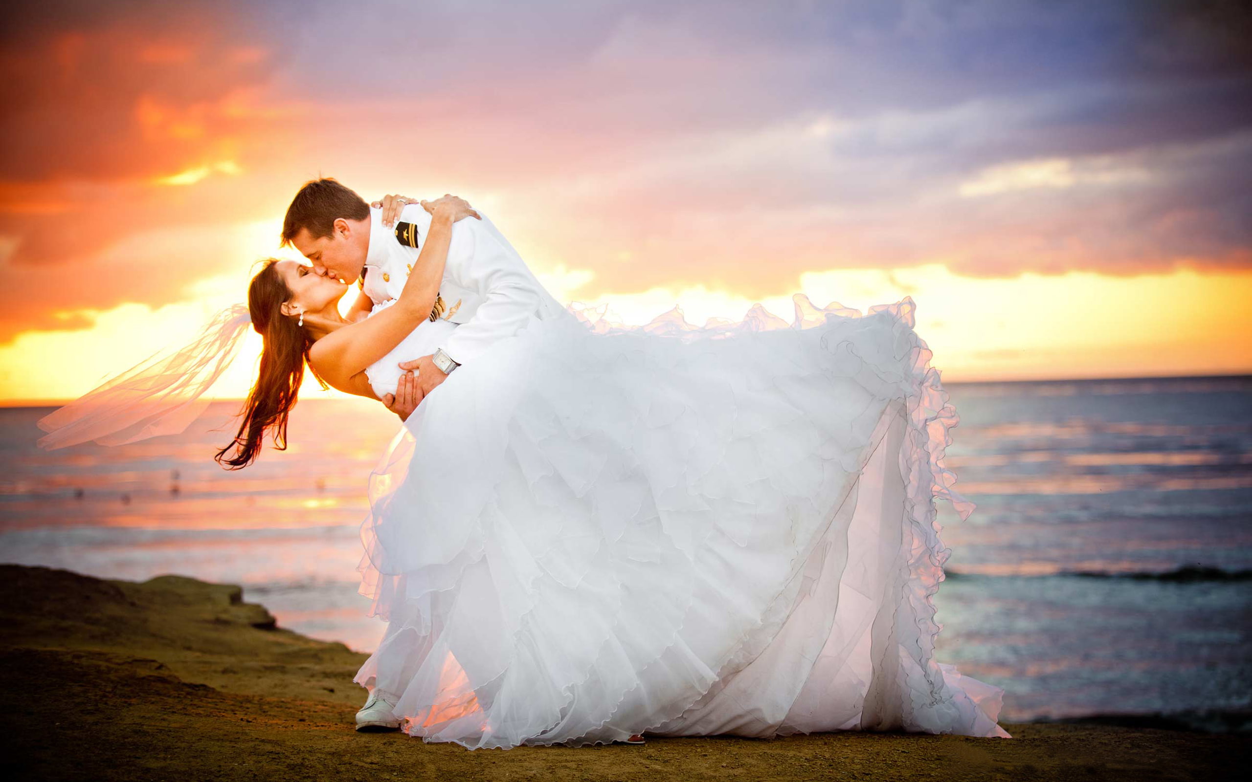 Just Married Loving Couple Bridal In Uniform Young Woman Wedding Dress Sunset Beach Romantic Hd Wallpaper 2k