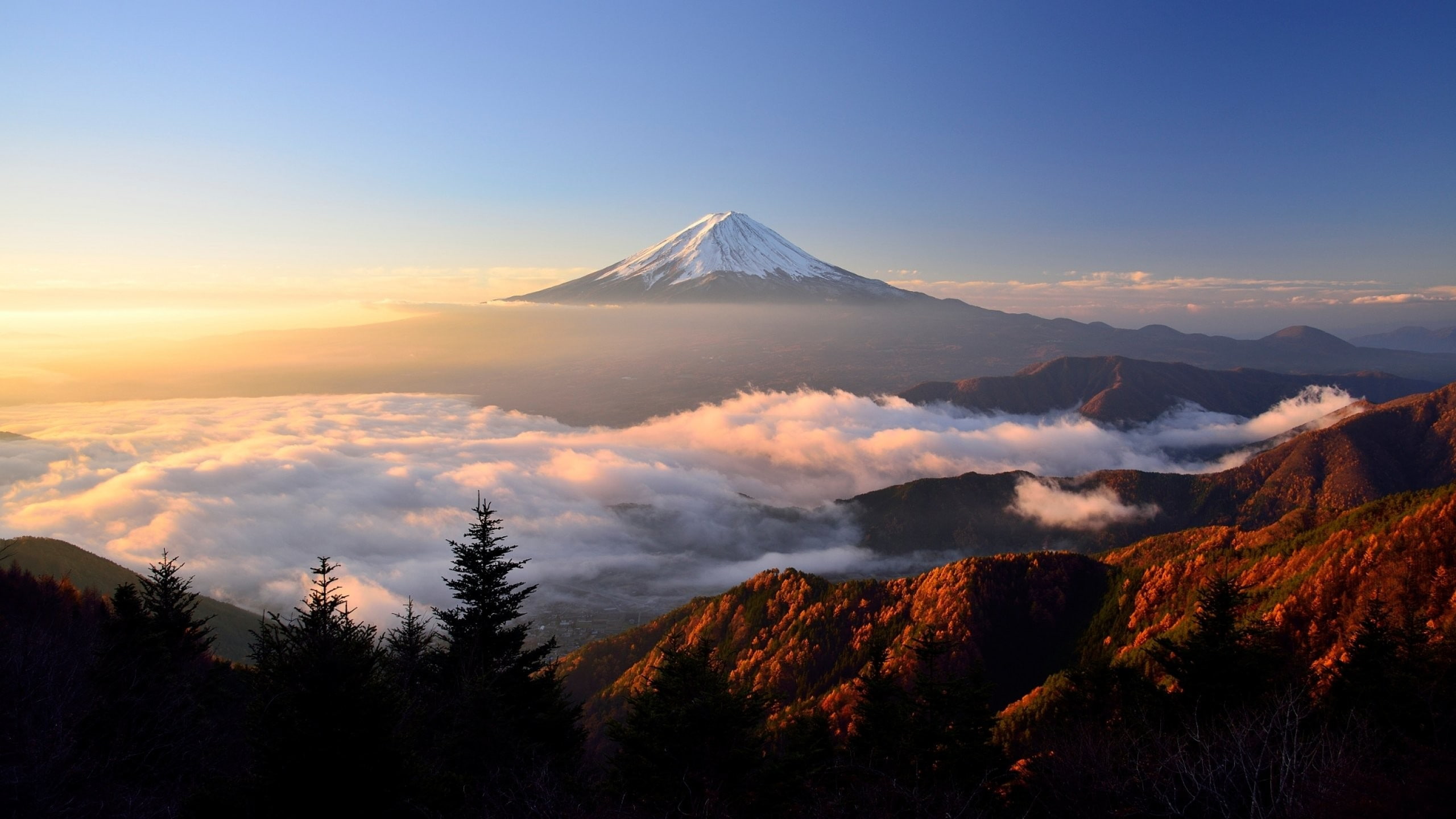 Mount Fuji clouds trees sky nature landscape mist sunlight 2k