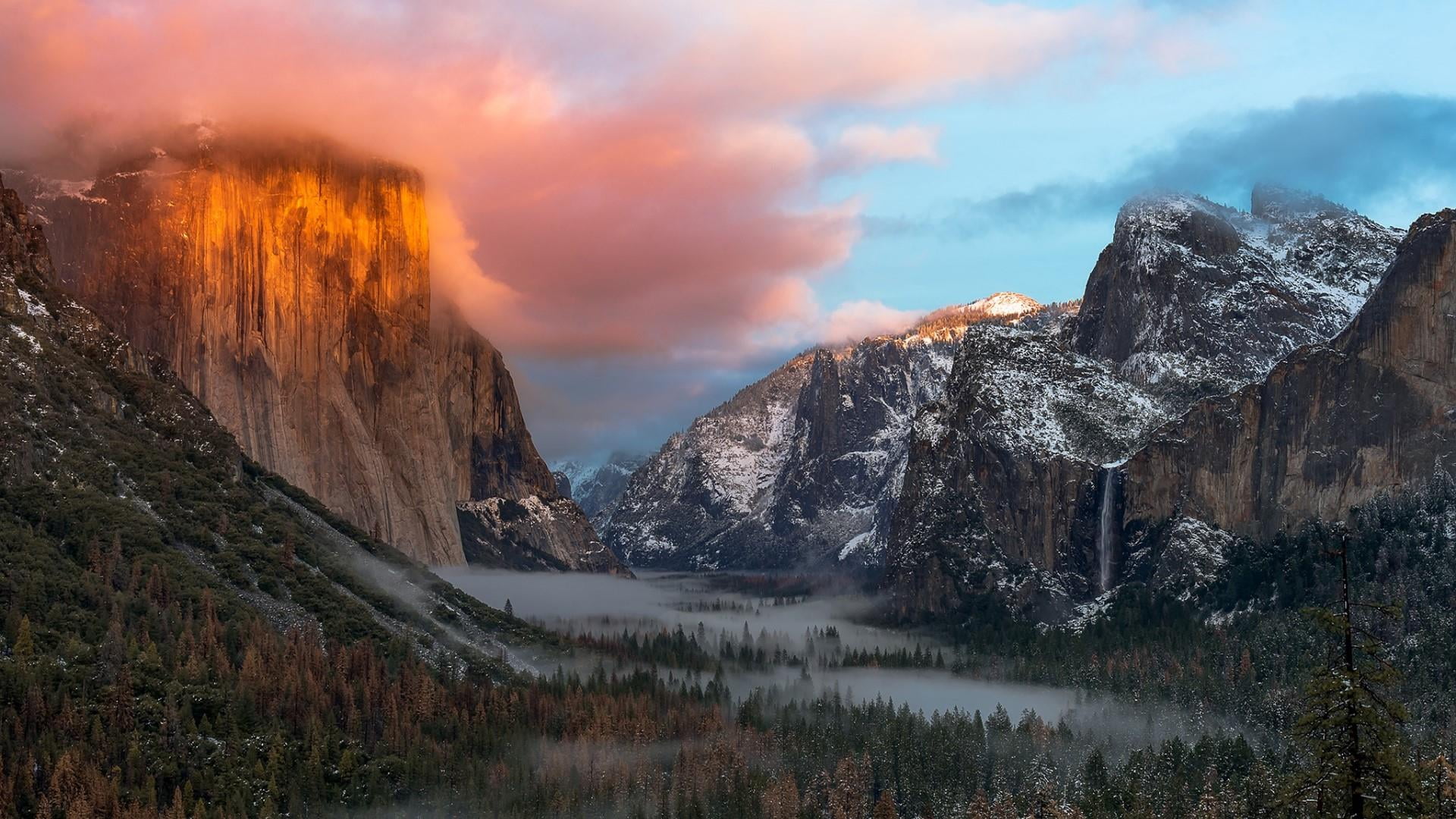 mountain range fog yosemite valley national park 2k
