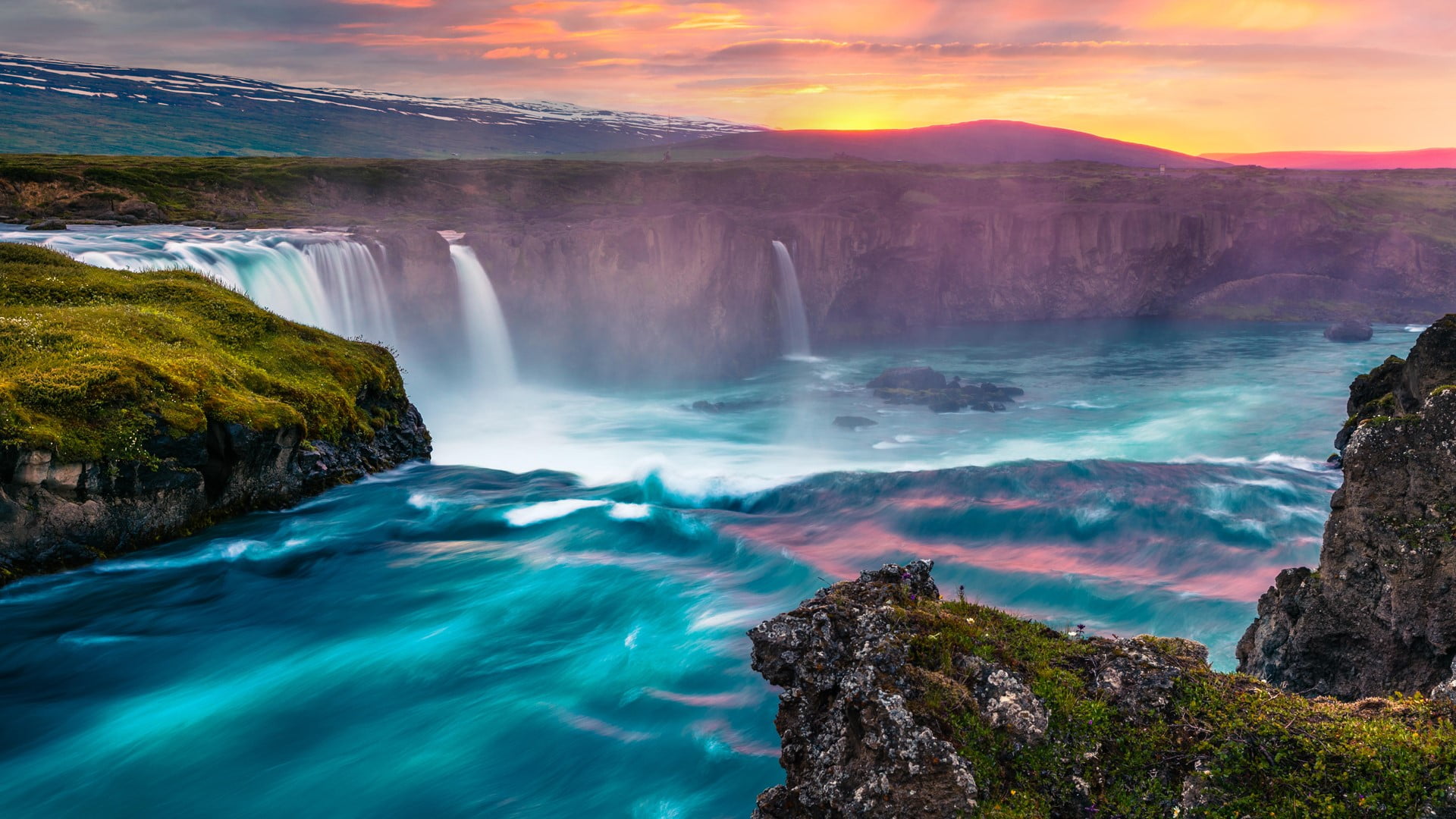 nature landscape waterfall long exposure rocks moss clouds 2k