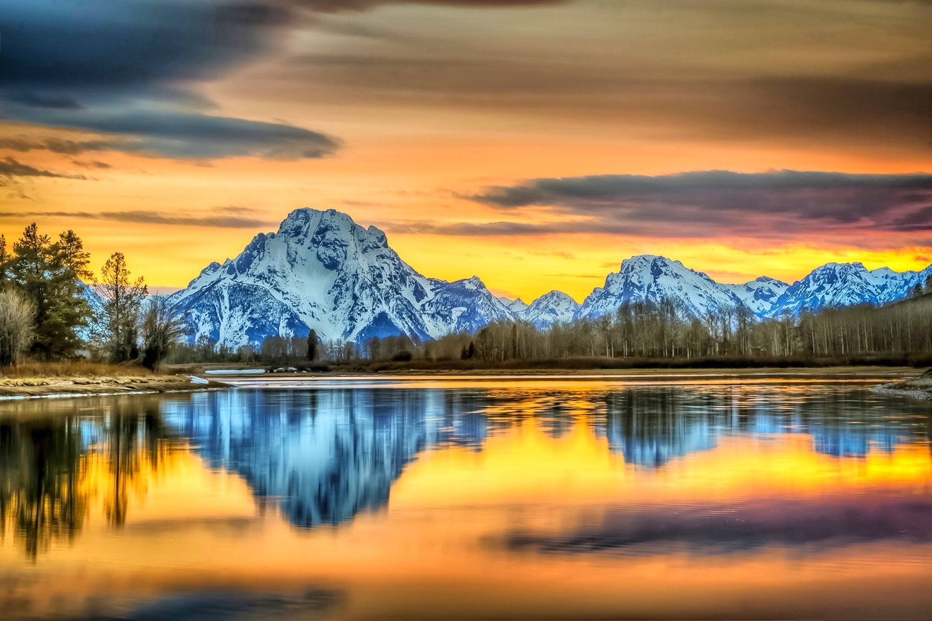 nature landscape mountains river sunset Grand Teton National Park 2k