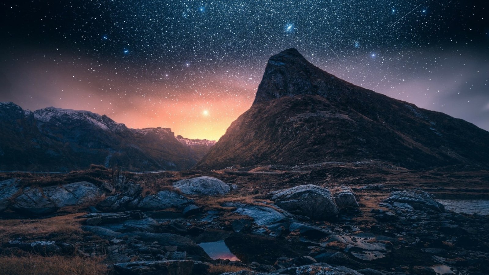 nature sky astronomy starry night mountain 2k
