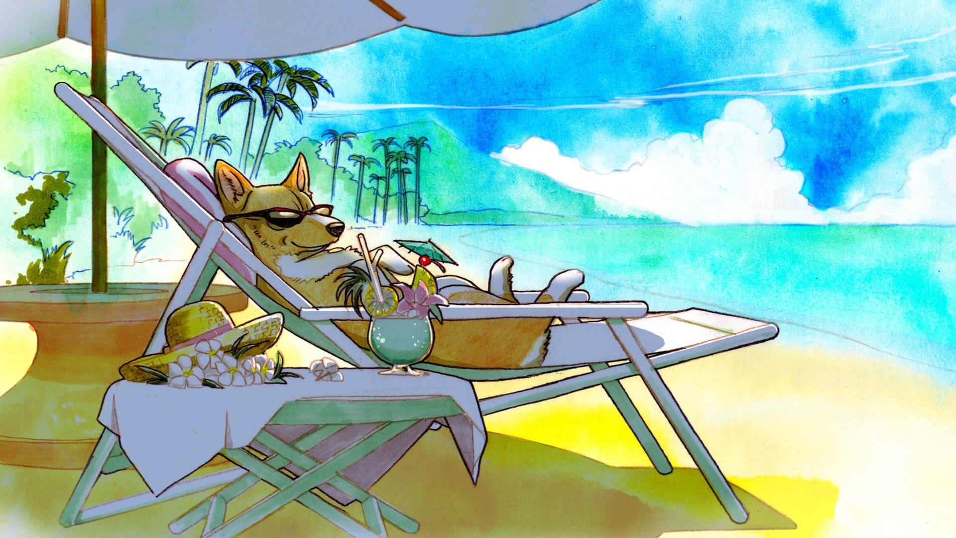 orange and white dog lying on lounge chair illustration beach 2k