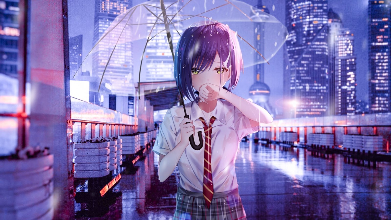 rain anime art cry girl umbrella transparent 2k