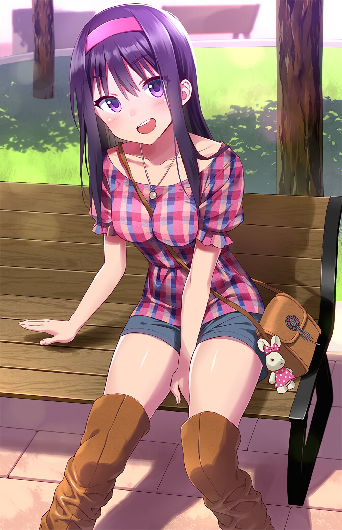 purple haired female anime character illustration girls