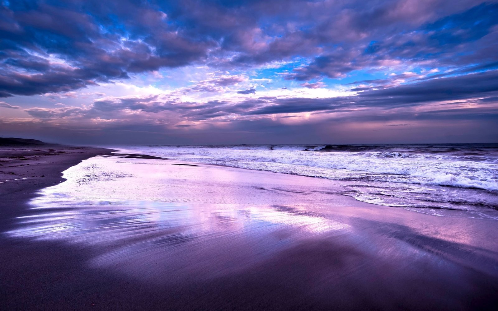 Sea ocean beach night sky clouds dusk 2k