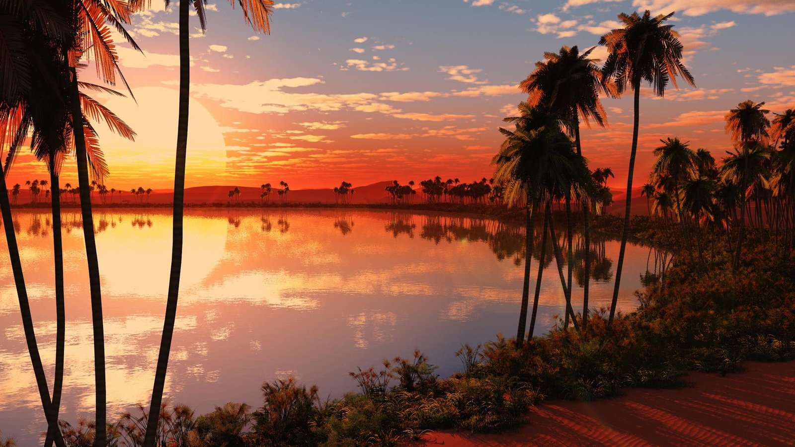 Sunset Oasis island palm trees beautiful beach clouds and abstract 2k