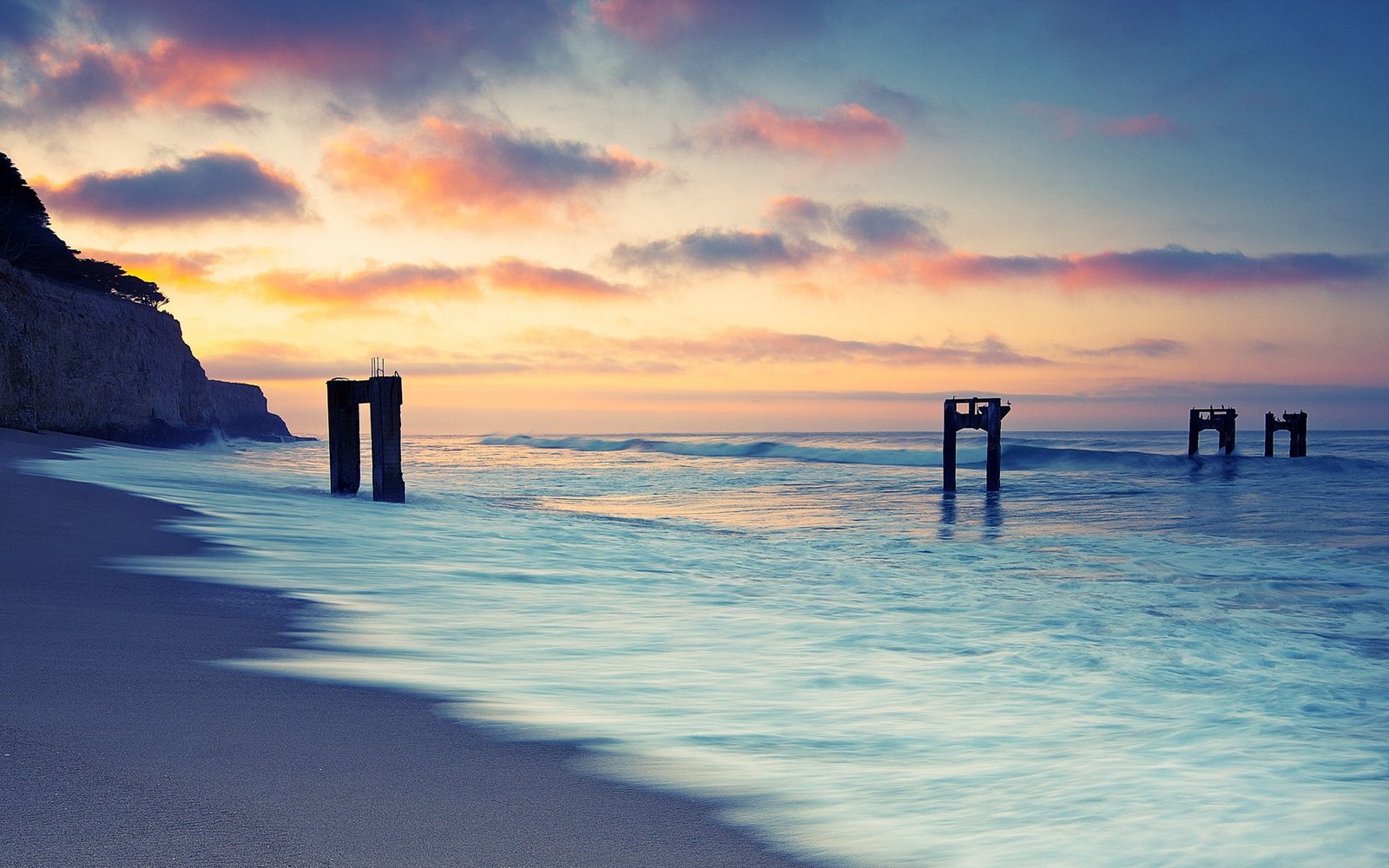 sunset sea nature sky calm horizon beach waves sand 2k