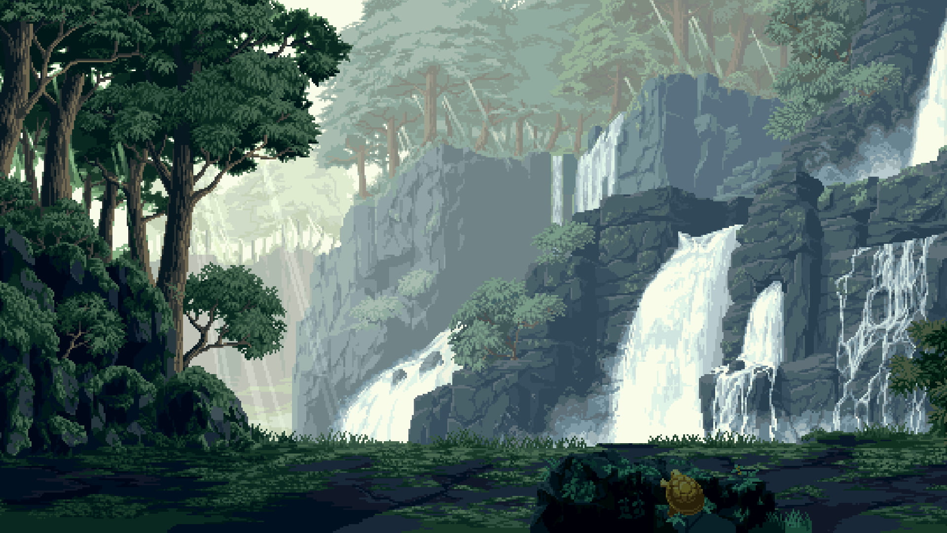 waterfalls digital wallpaper art pixel pixelated 2k