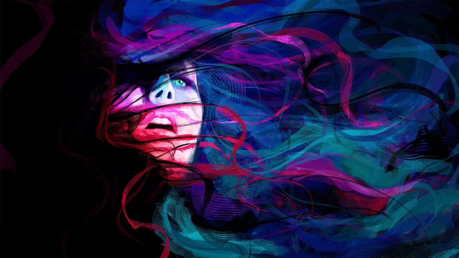 woman portrait artwork abstract digital art red pink violet 65 2k