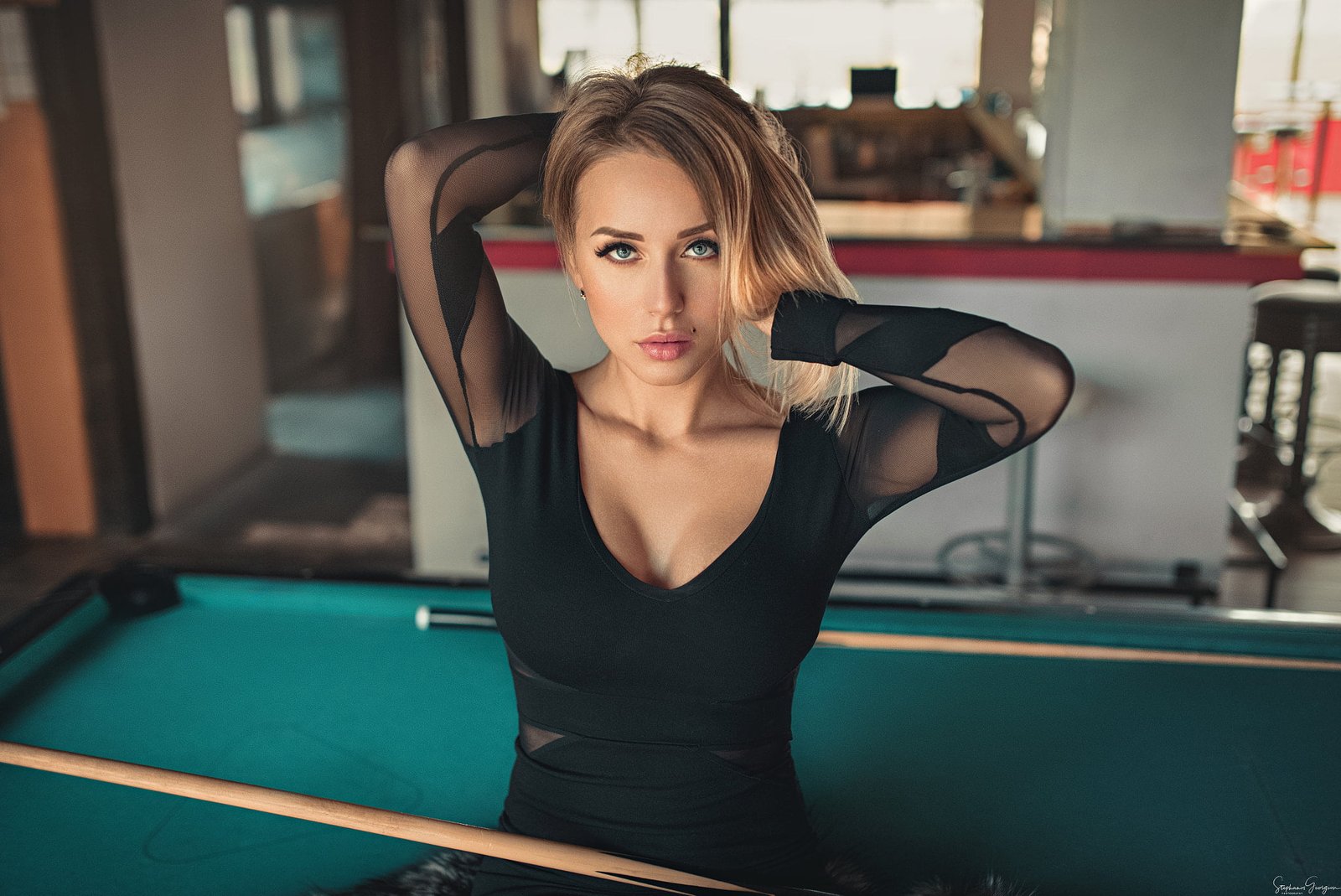 women's black scoop neck long sleeved top portrait pool table 2k