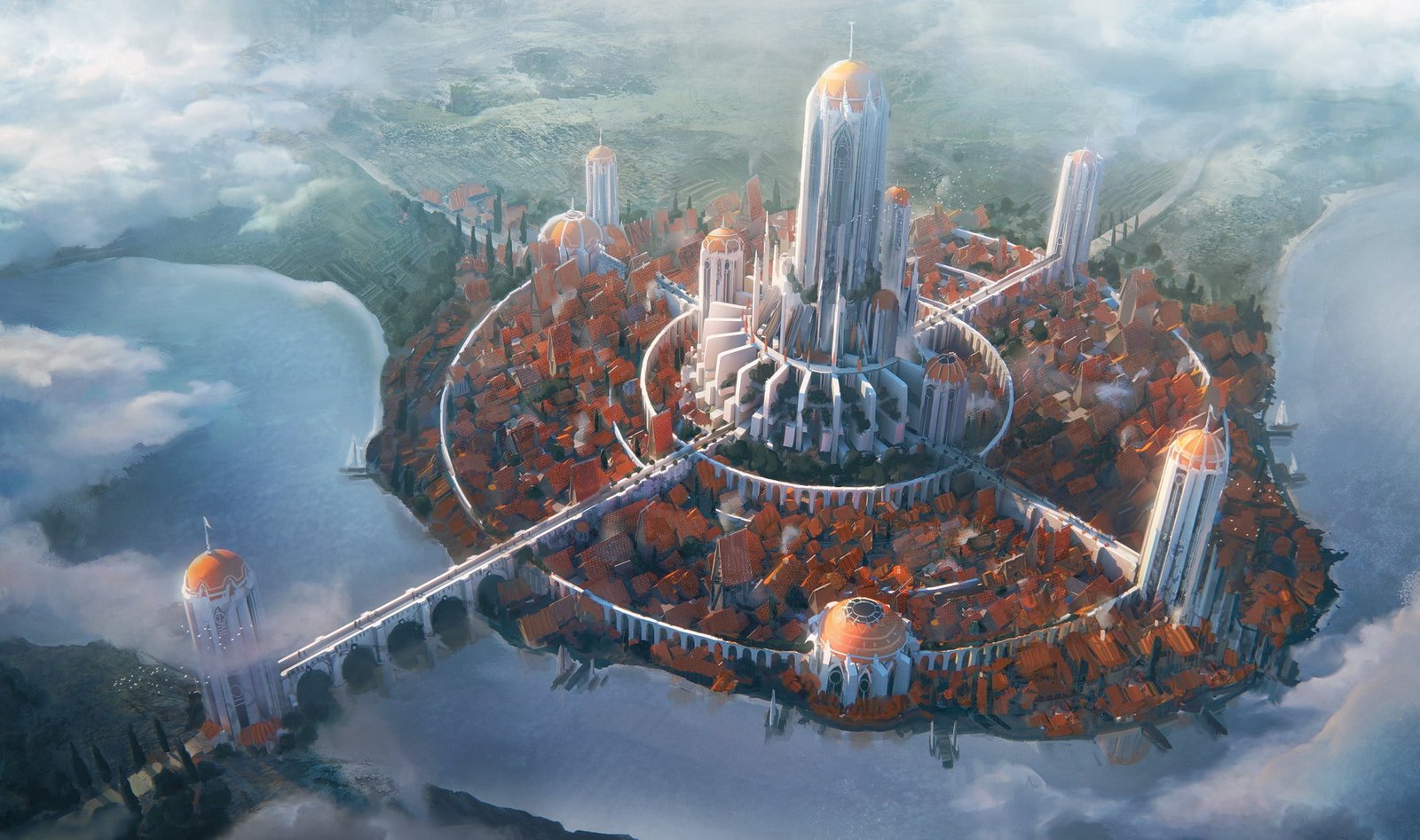aerial photography of village fantasy city art Tamriel 2k