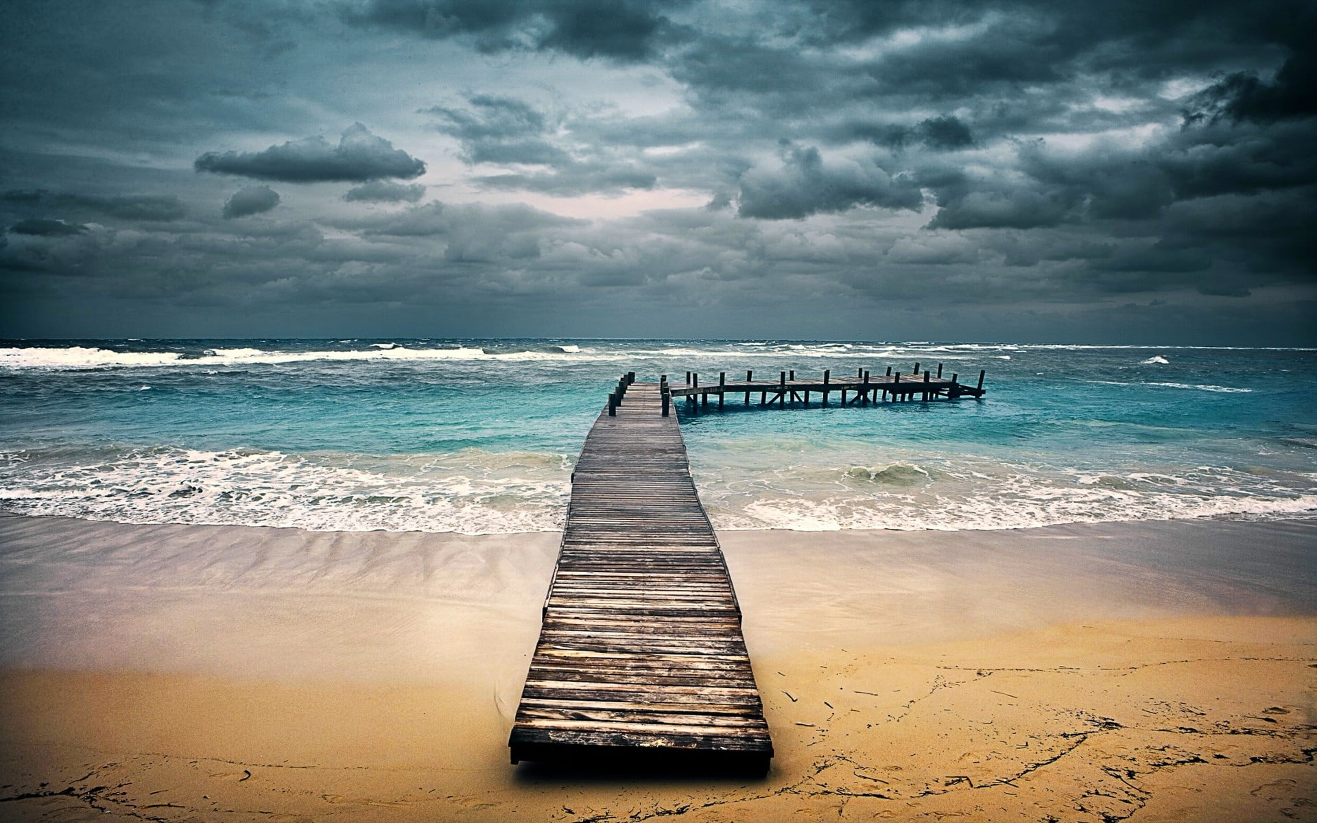 brown wooden dock on beach nature landscape sand sea waves 2k