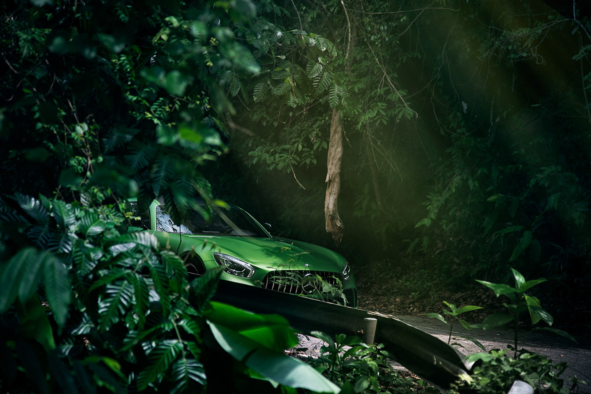 car Mercedes Benz green cars road trees landscape AMG GT 2k