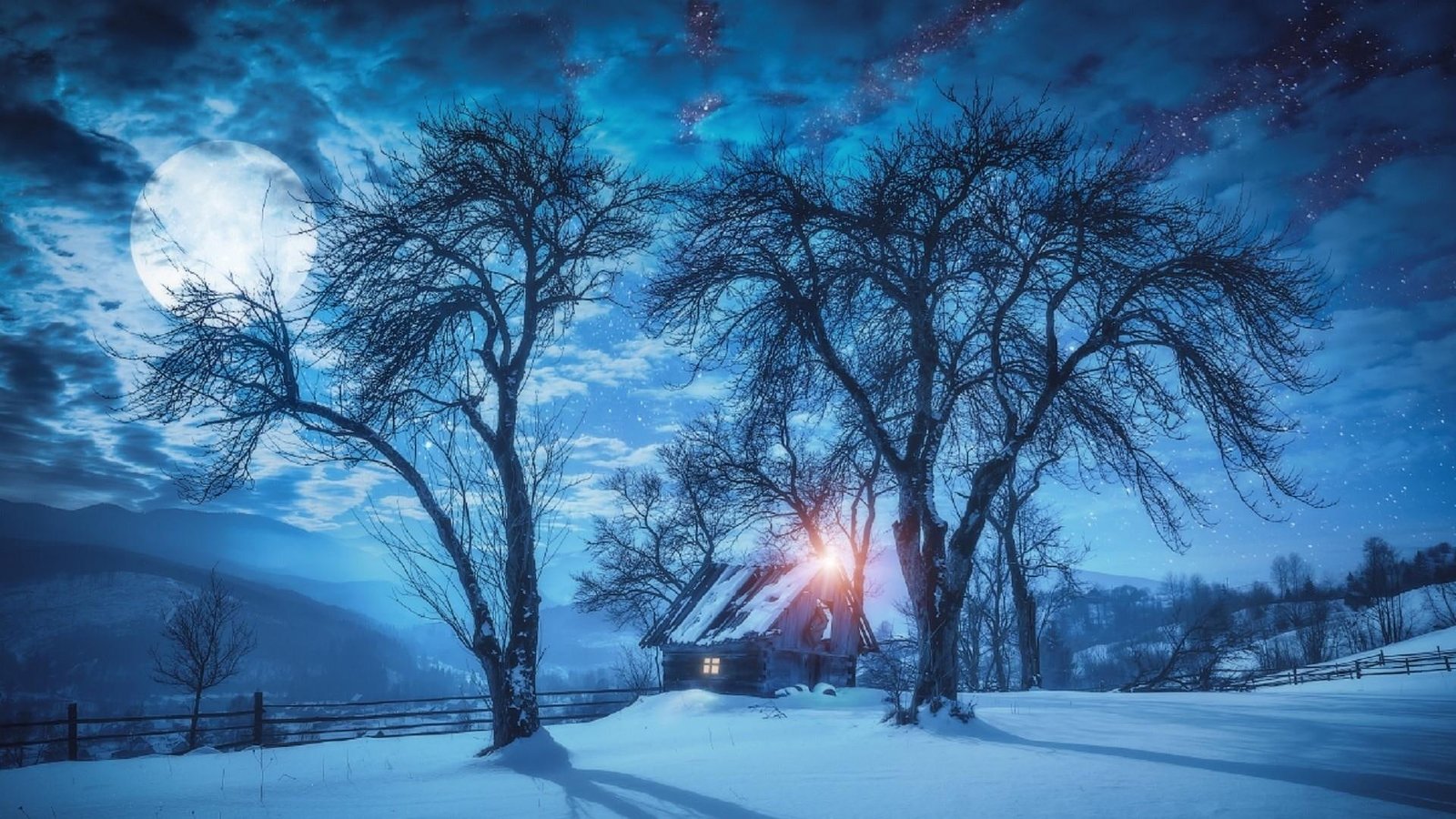frost landscape house cloud bungalow snowy moon night sky 2k