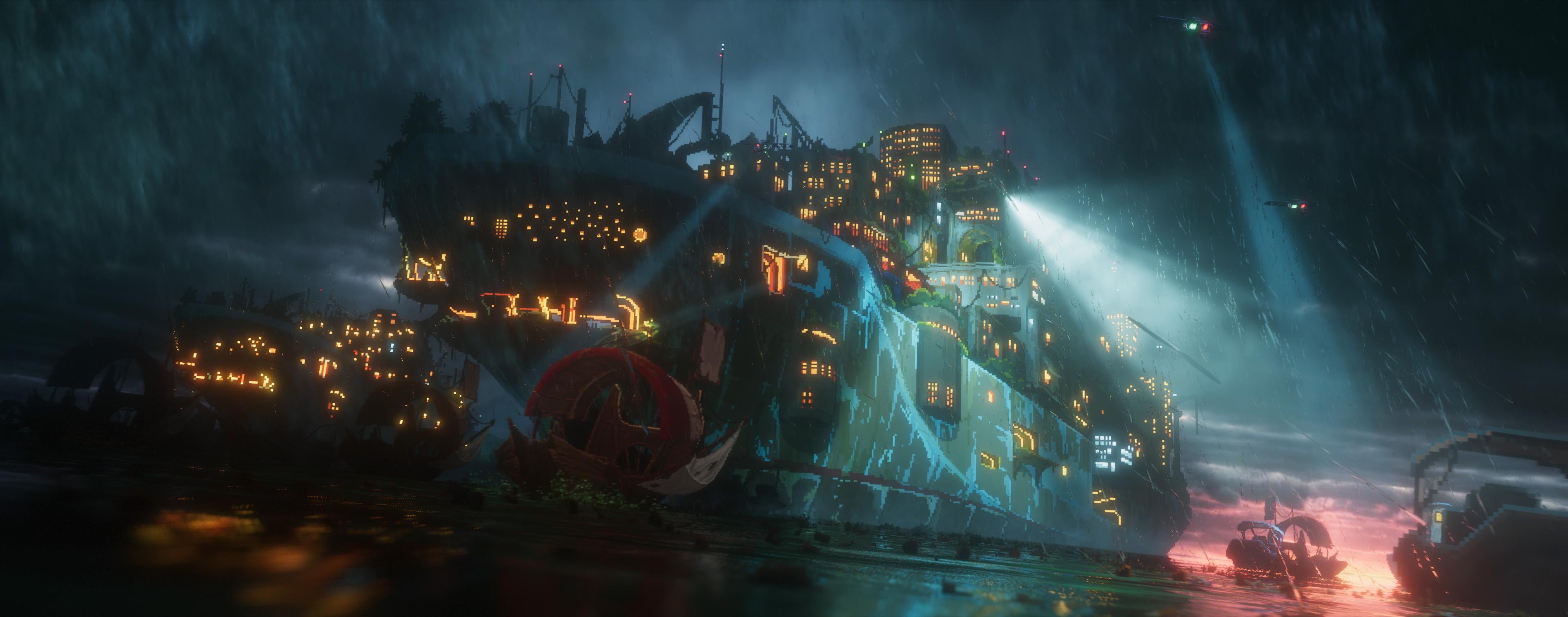 gray ship digital wallpaper cyberpunk video games pixel art 2k 4k