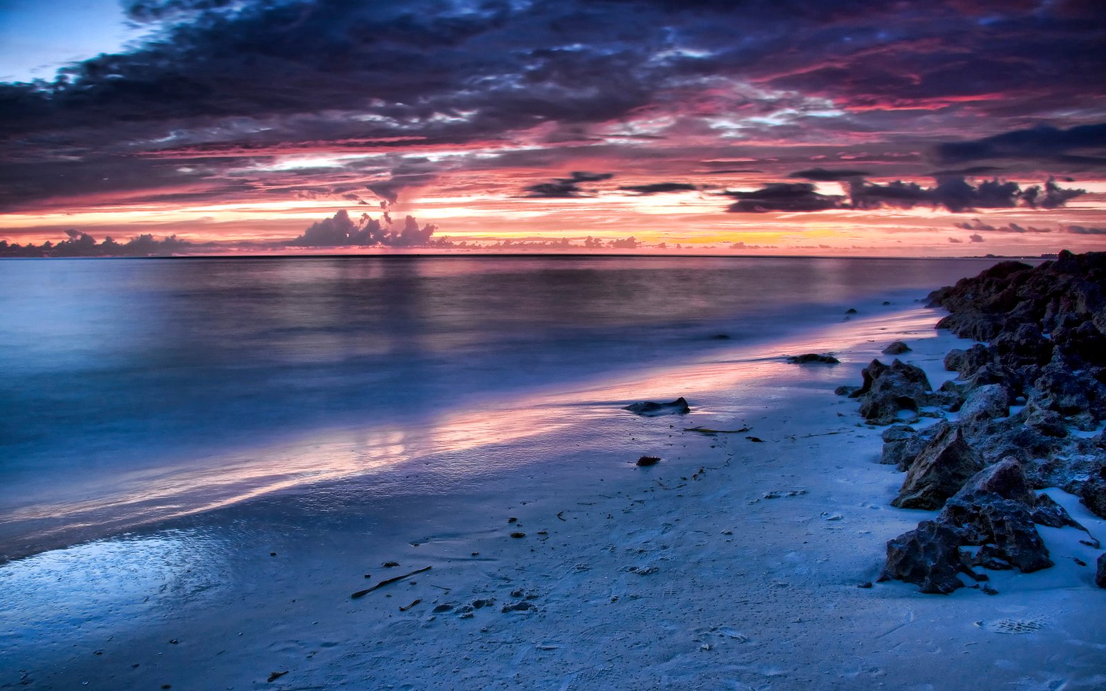 Nature Sea Sand Beach Rocks Clouds Sunset Water Reflection Landscape 2k