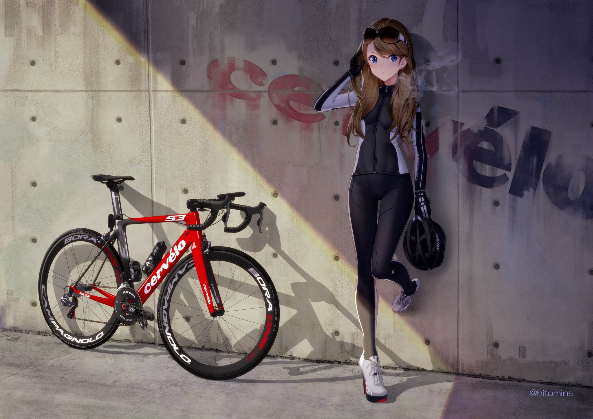 red and black road bike anime girls bicycle brunette 21 2k