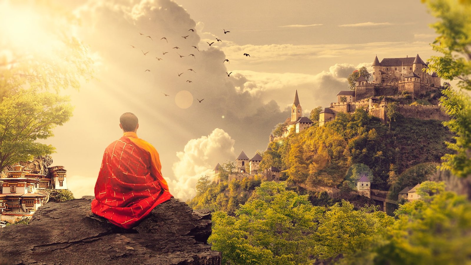 red and yellow petaled flowers oriental man sitting on a rock near castle 2k