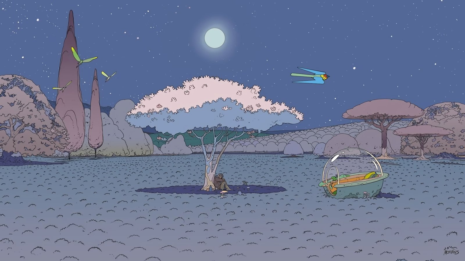 science fiction digital art M bius artwork night birds 2k