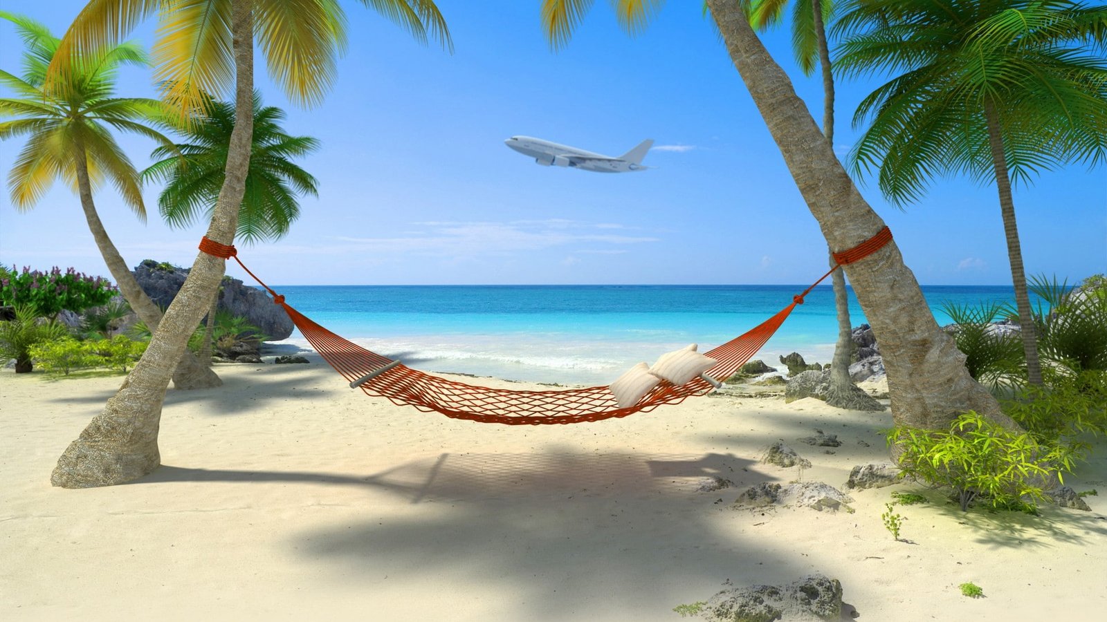 Seaside scenery coconut trees hammocks blue sea sky aircraft beach 2k