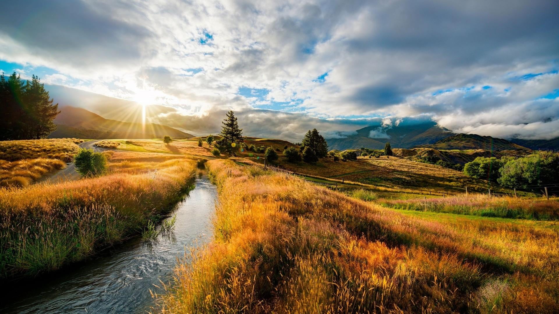 sky grass rural area grassland morning hill wilderness 2k