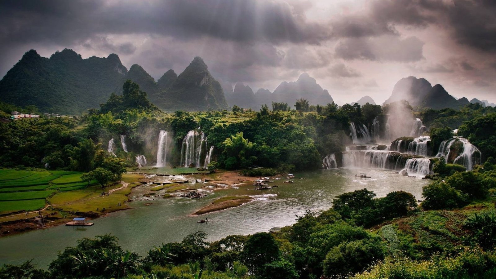 Vietnam waterfalls river sunbeams amazing nature 2k