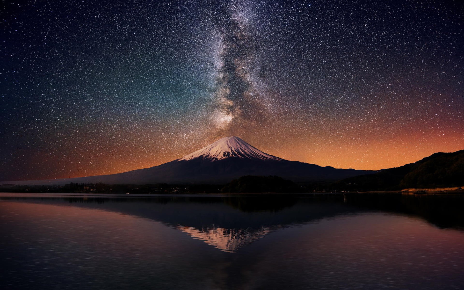 volcano and milky way galaxy nature stars water Mount Fuji 2k