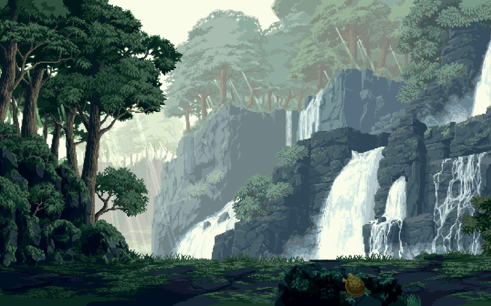 waterfalls game graphic wallpaper pixel art forest artwork 2k