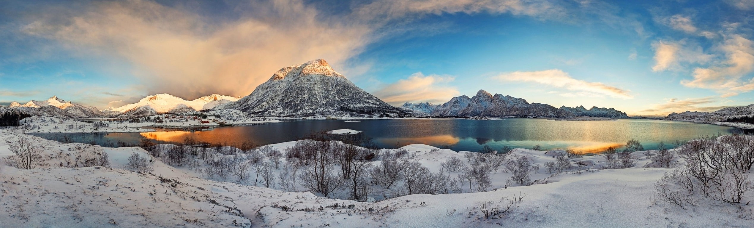winter Lofoten Norway mountains snow fjord panoramas 2k