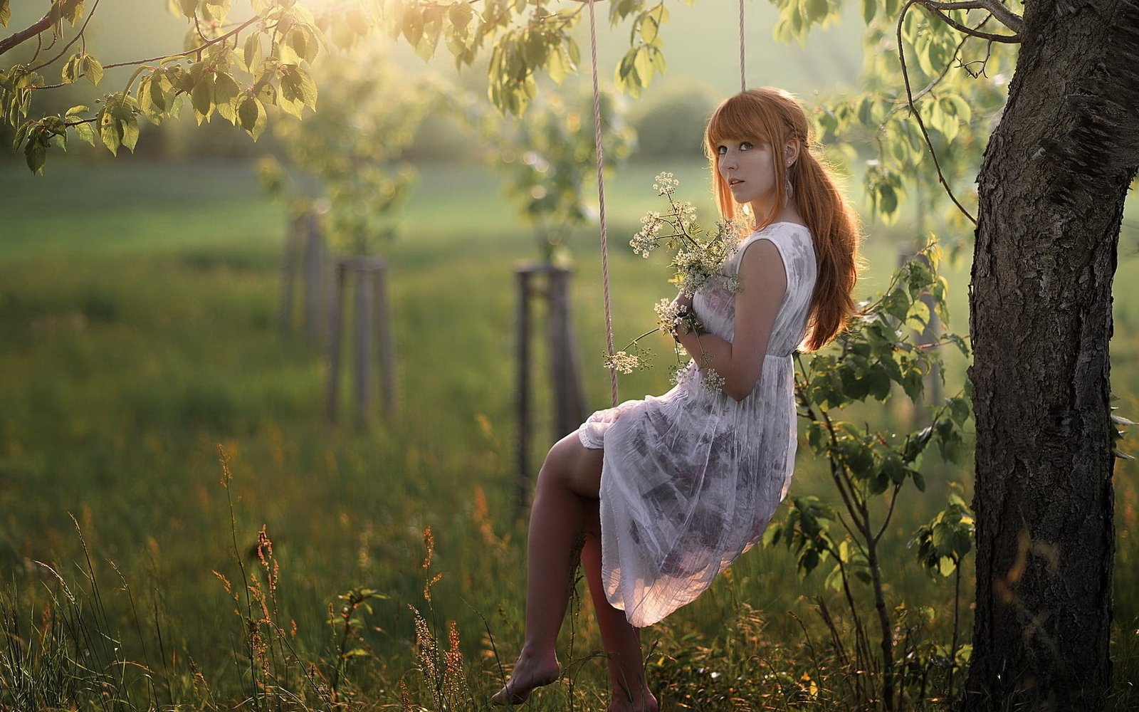 women's white sleeveless dress model redhead long hair women outdoors 2k