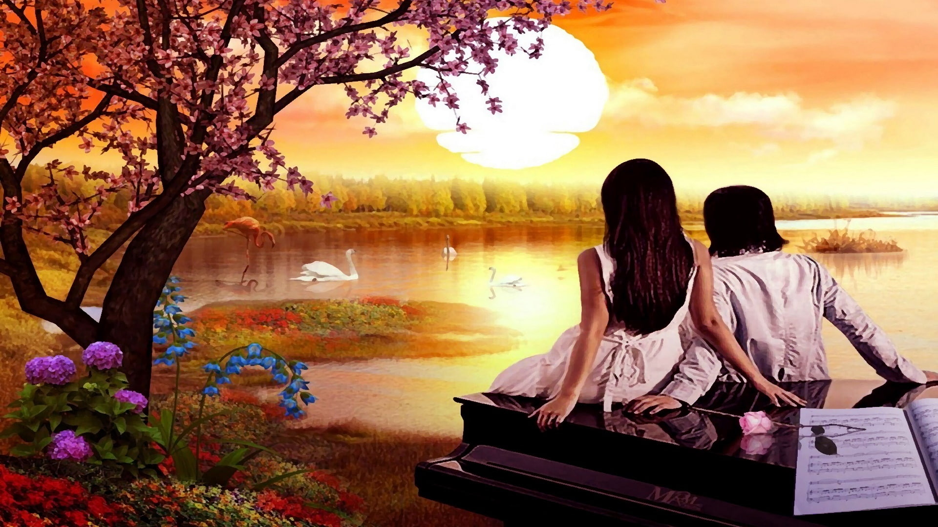 lovers friendship lake sunset romance spring romantic scenery 2k