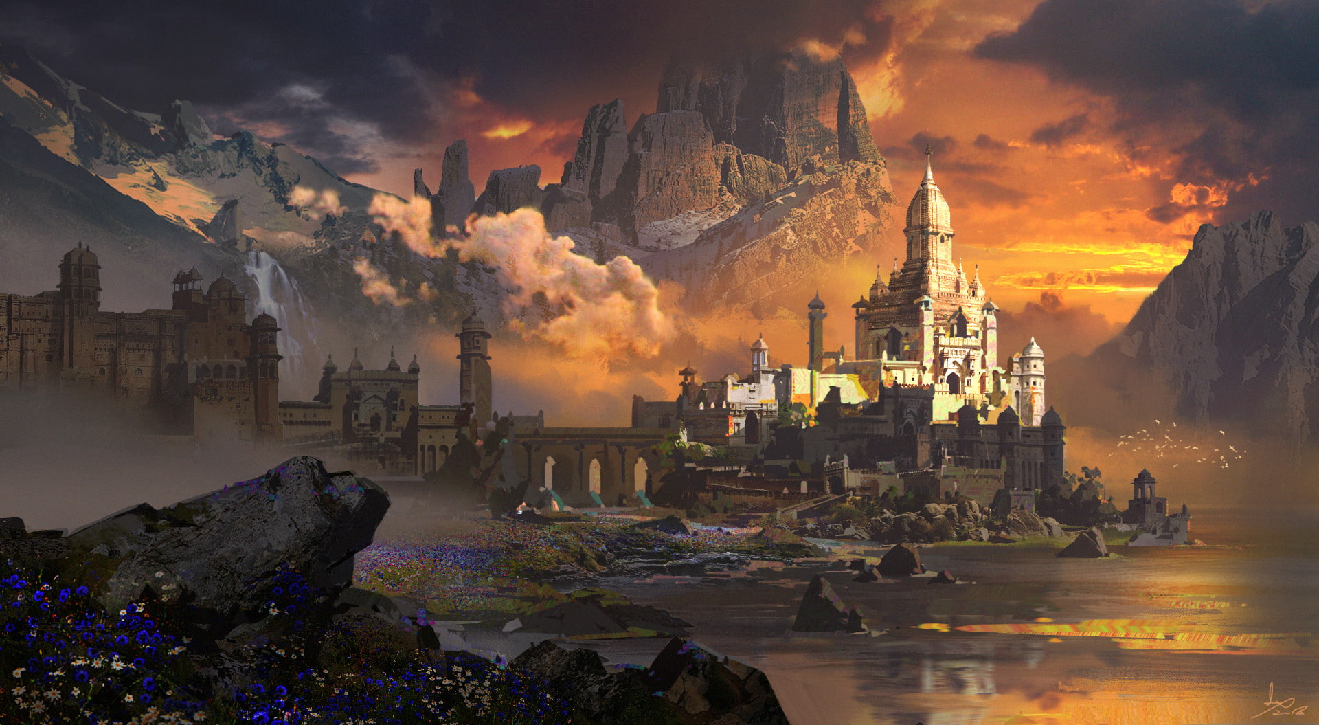 artwork castle landscape sunset concept art digital fantasy city 2k
