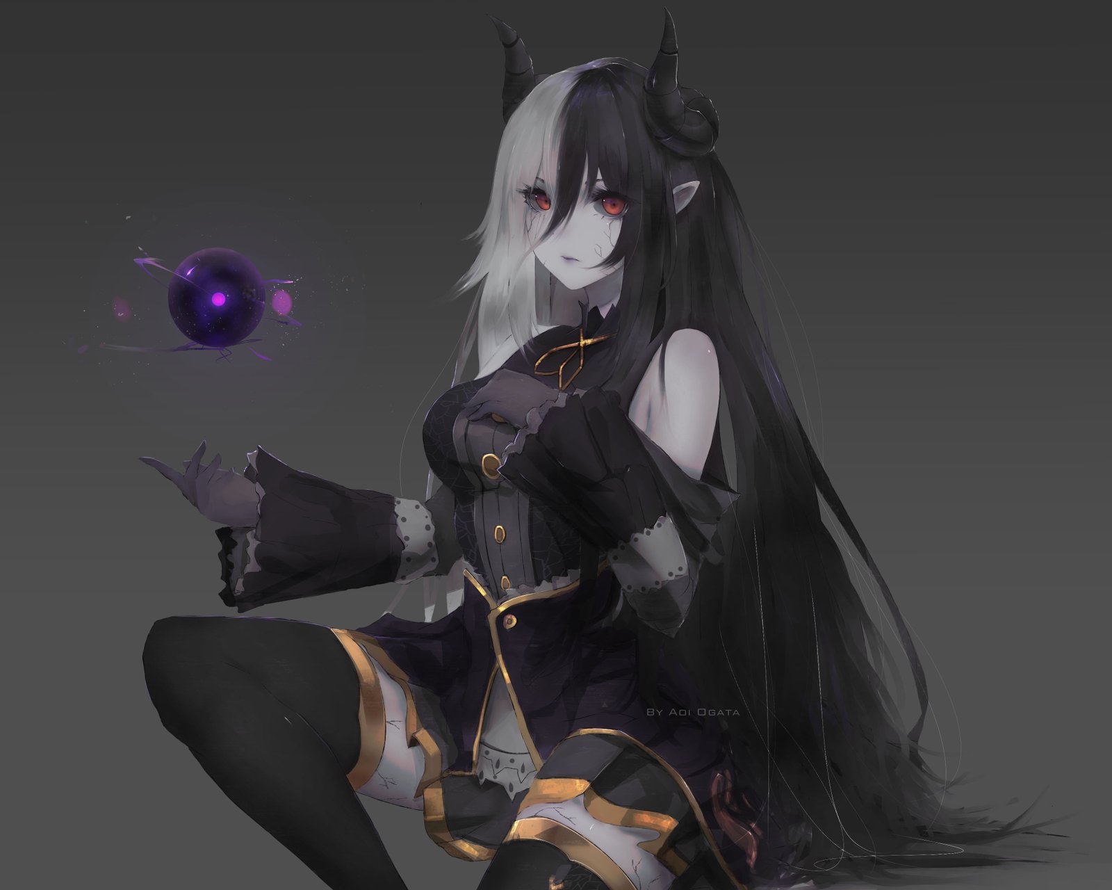 black and white haired female anime character Aoi Ogata pointed ears 2k 4k