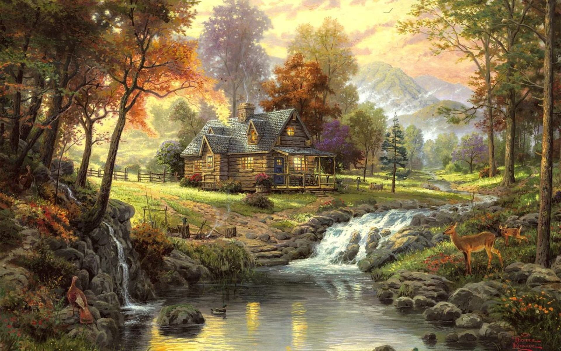 brown houses near river painting landscape art forest animals 2k