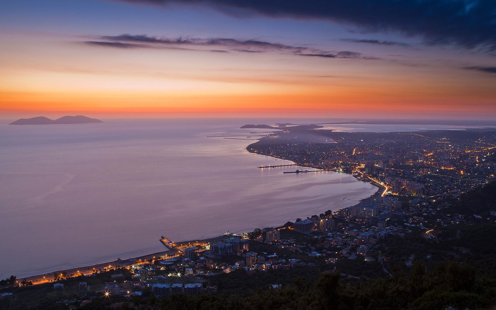coastal wallpaper landscape sunset cityscape city lights 2k