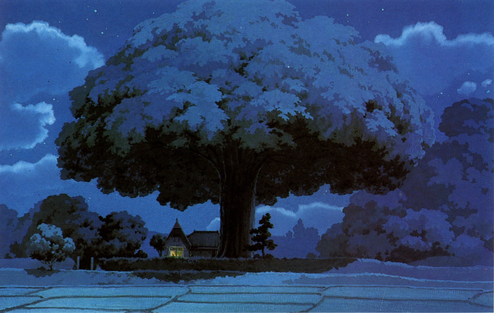 house near tree painting fantasy art anime Studio Ghibli My Neighbor Totoro 2k
