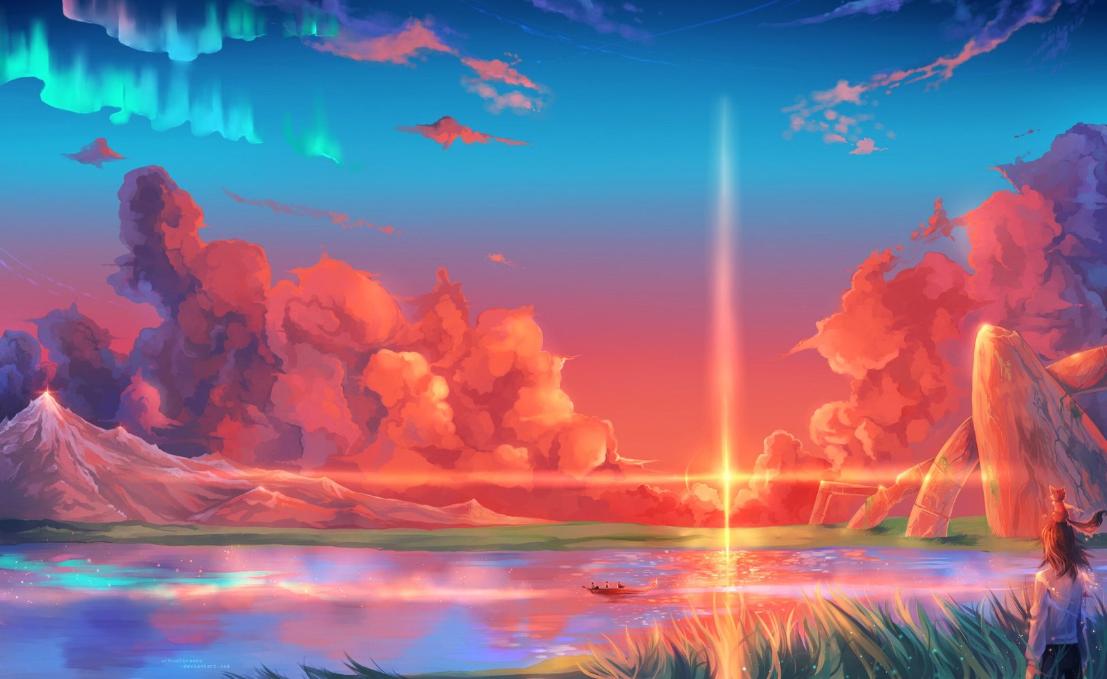 illustration anime girls landscape sea boat clouds painting 2k