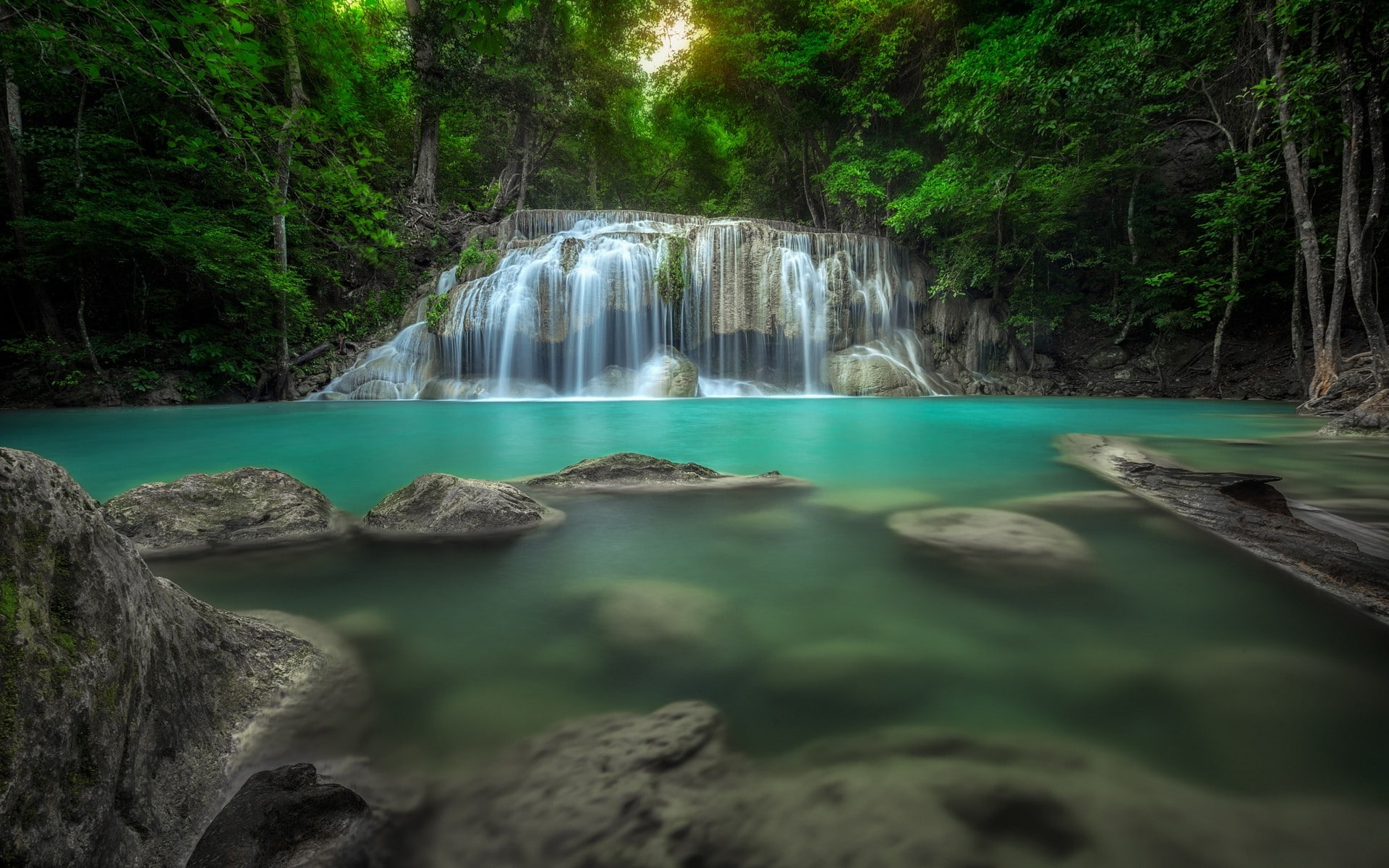 Nature Landscape Waterfall Forest Thailand Pond Green Turquoise Tropical 2k