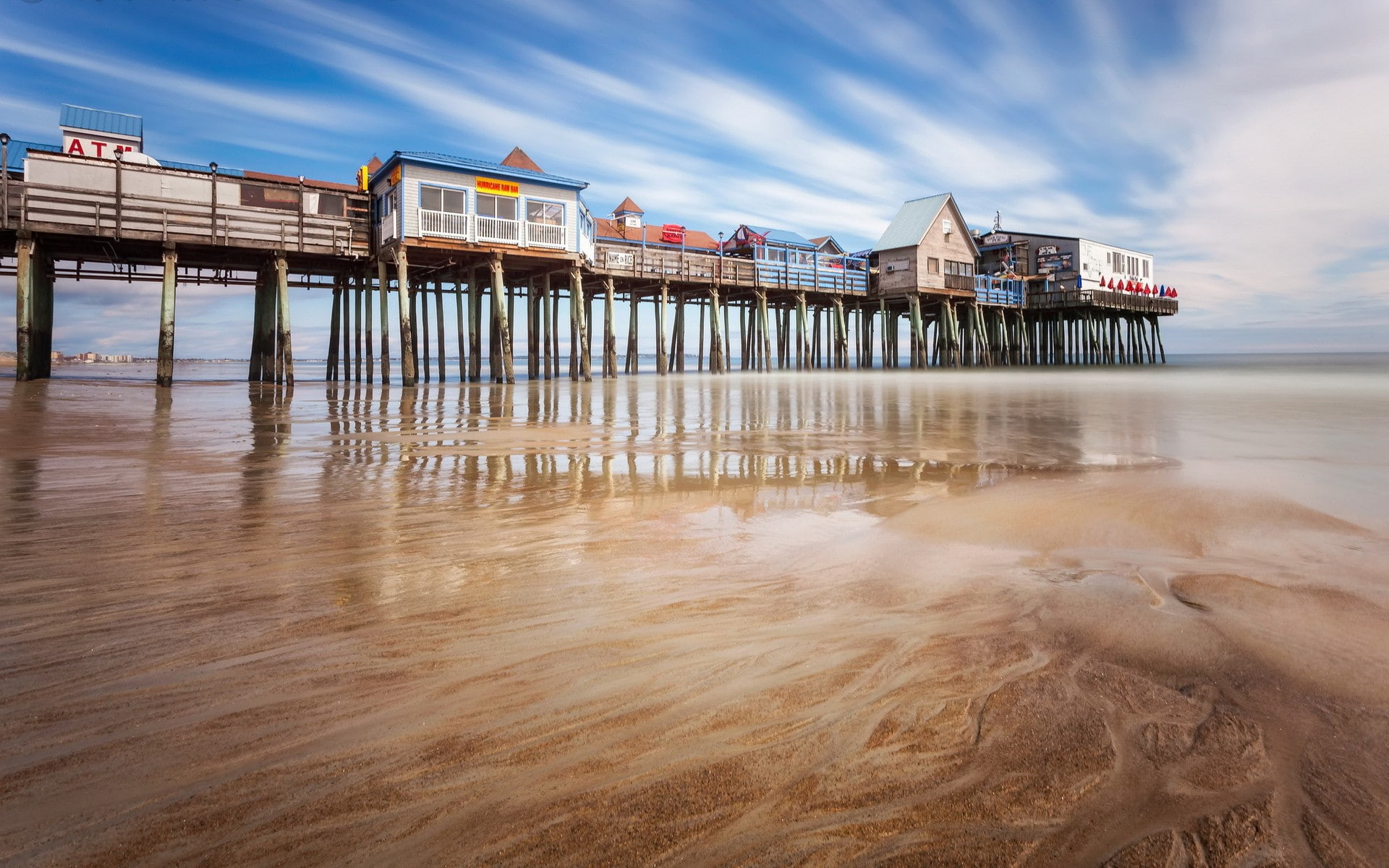 Old Orchard Beach Maine USA pier reflection sand low tide 2k