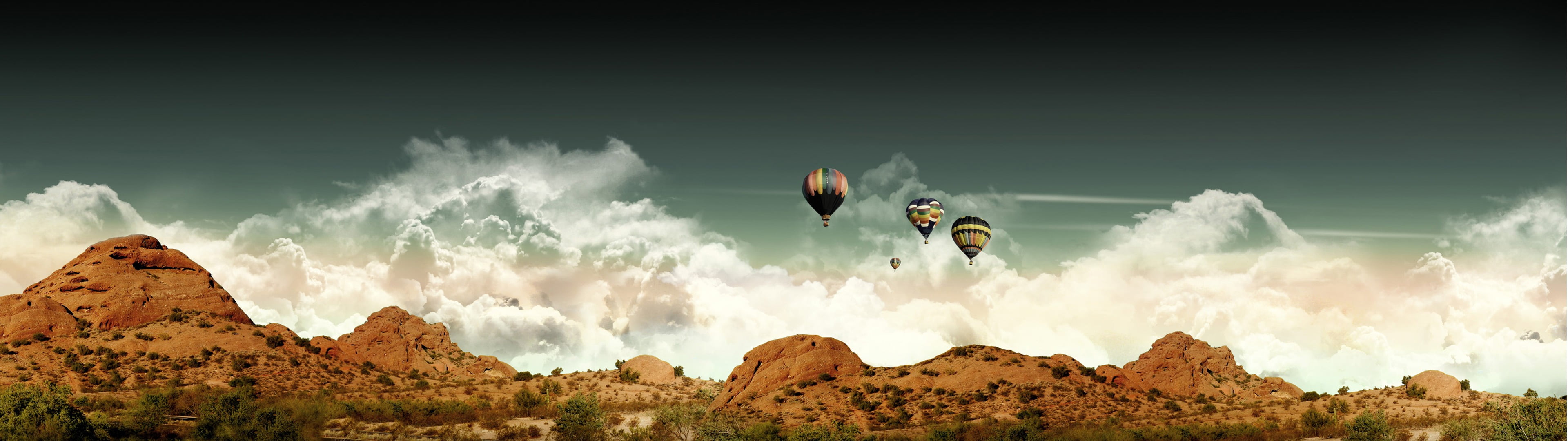 three hot air balloons dual monitors multiple display mountains 2k 4k