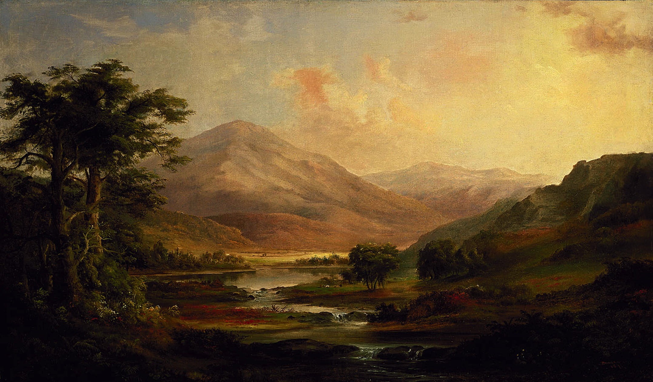 trees near river with mountain in the background painting robert duncanson 2k