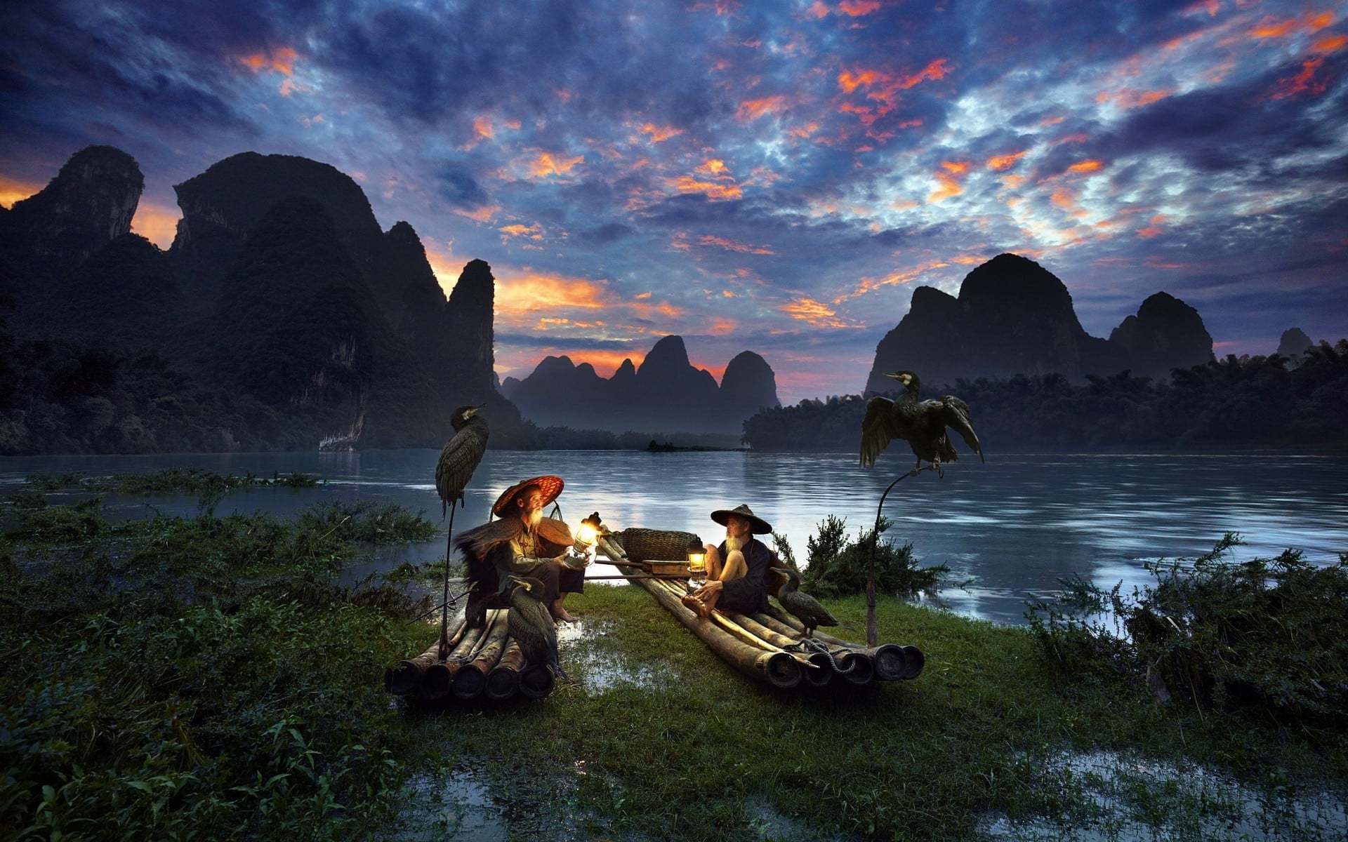 two persons sitting on boats digital wallpaper nature landscape 2k