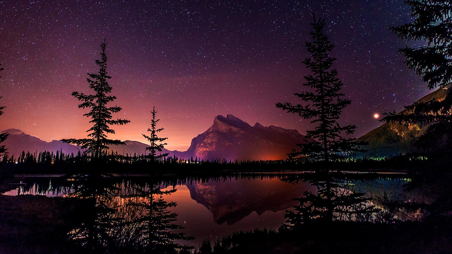 vermillion lake stars starry night sky reflection 2k