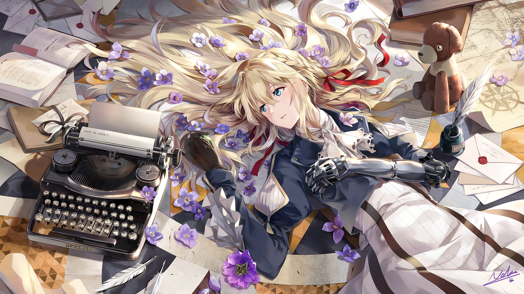 Violet Evergarden anime girls typewriters blonde long hair 2k
